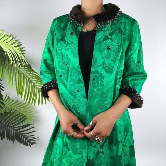 Women's Vintage 50's Emerald Floral Classy Beaded Fux Fur Satin Long Coat / S/M - Picture 3 of 5